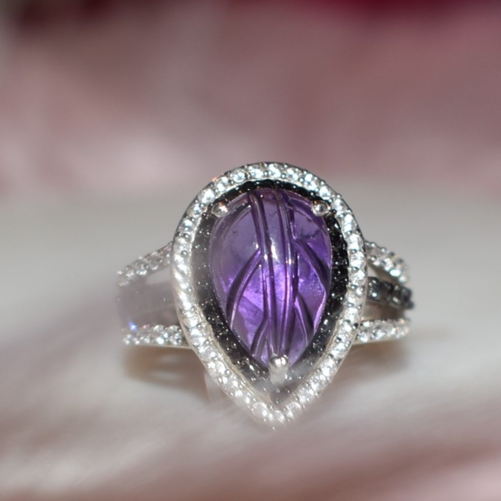 Amethyst, Thai Black Spinel, Zircon In Platinum Over Silver Ring Size 5.5
